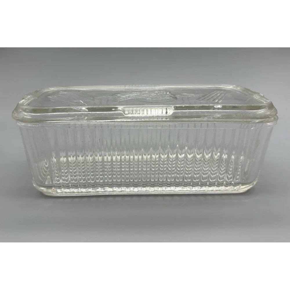 Vintage Federal clear glass refrigerator storage dish embossed vegetables on lid